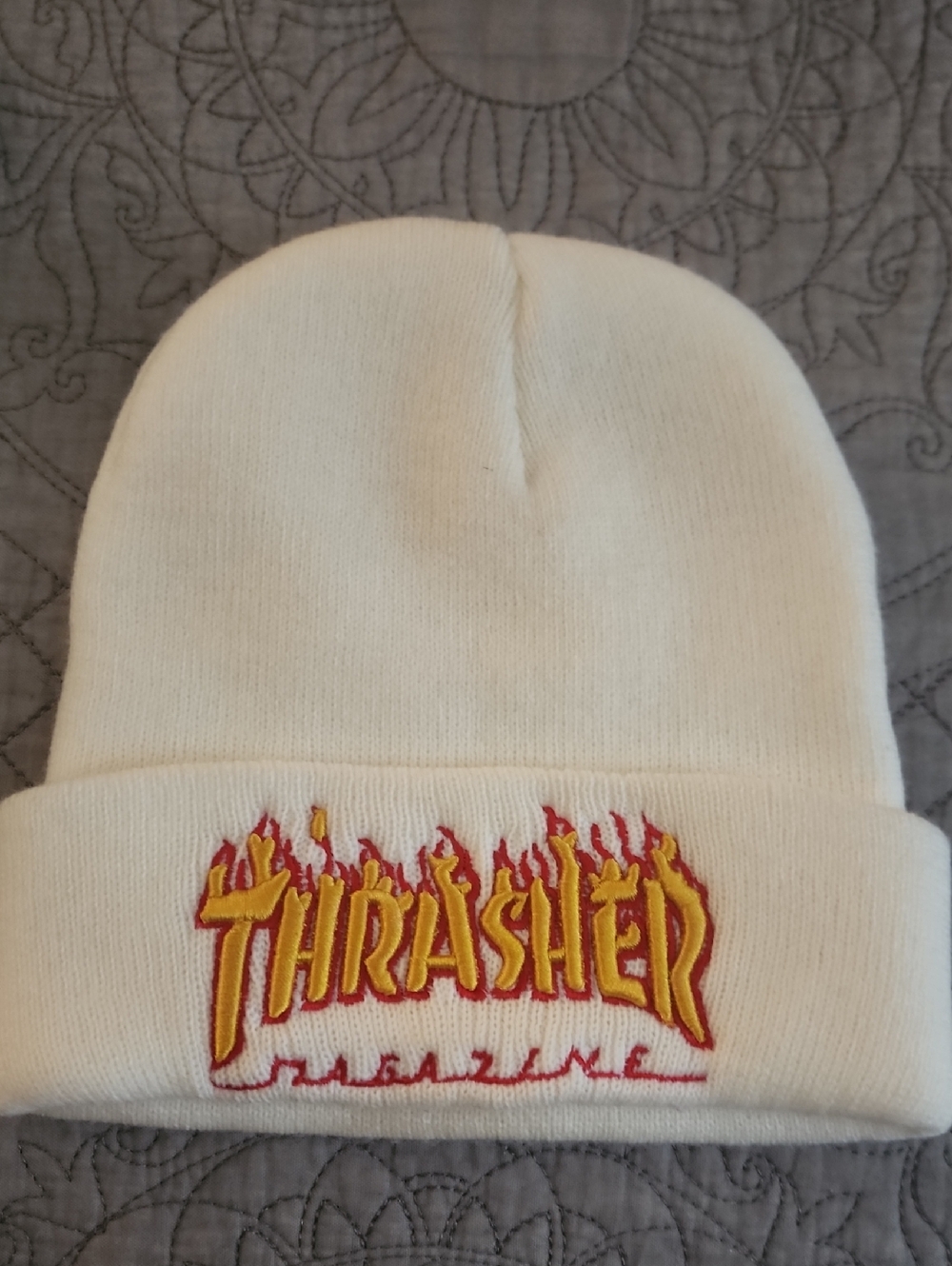 Thrasher White Beanie with Yellow and Red Flame Logo